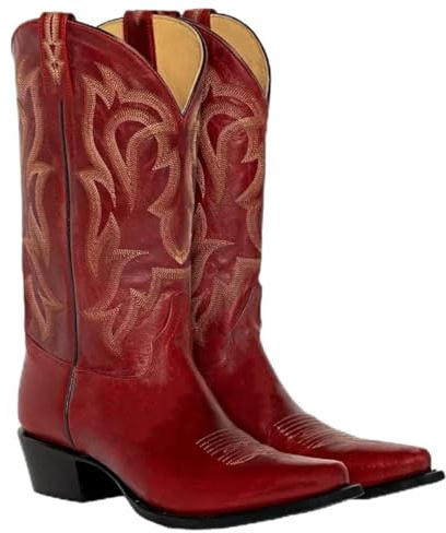 LISHAN Women's Red Cowgirl Boots Western Boots Cowboy Boots Square Closed Toe Mid Calf Pull On Block Chunky High Heels Embroidered Party Dancing Faux Leather PU Shoes Country Retro Boots Size 7