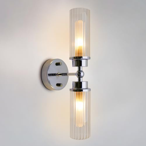 Long Life Lamp Company Twin Ribbed Glass Bathroom Wall Light Polished Chrome Slim Side Mirror Lights IP44 H3137