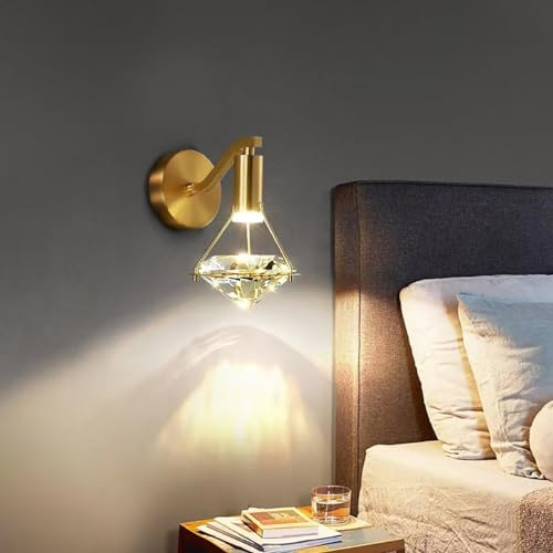 LOGT LED Kristall Wandleuchte 3W Moderne Wandlampe Innen Kristall Diamant Lampe Gold Nachttischlampe Crystal Wandbeleuchtung Dekorlampe 3000K-6000K für Schlafzimmer Esszimmer Flur Treppenleuchten