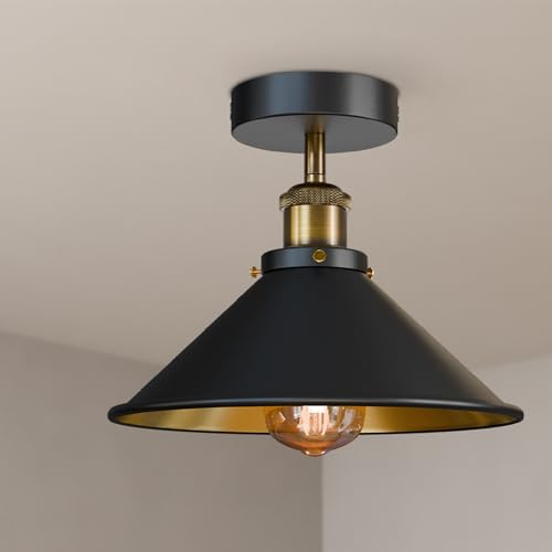 Black Gold Semi Flush Ceiling Light 22cm Metal Cone Shade Hardwired