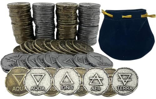 Metal DnD Coin | Gold Coins & Silver Coins | Elemental Design Fake Money | 100x DnD Tokens Metal | Includes Coin Pouch | 22mm DnD Accessories with Coin Bag | Zinc Pirate Treasure Prop Money Realistic