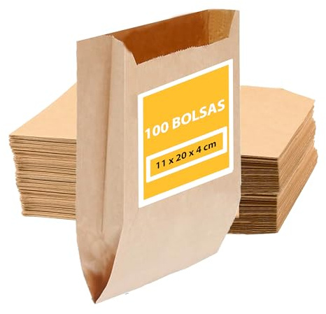 100 Bolsas de Papel Marrón 11 x 20 cm, Sobres de Papel Kraft para Regalos Bolsitas Para Chuches de papel (100 Pza, 11 x 20 cm)