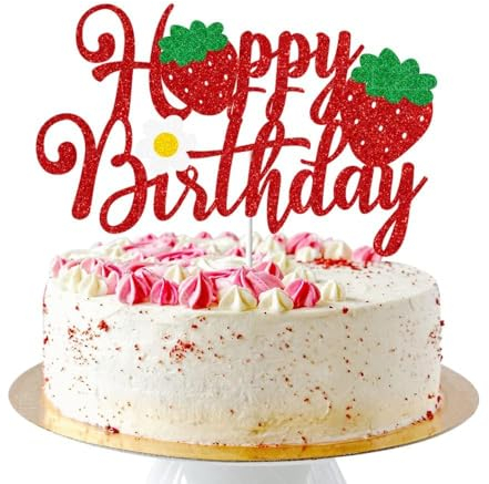 1 décoration de gâteau d'anniversaire en forme de fraise pour femmes et filles, rouge pailleté, décoration de gâteau d'anniversaire pour enfants