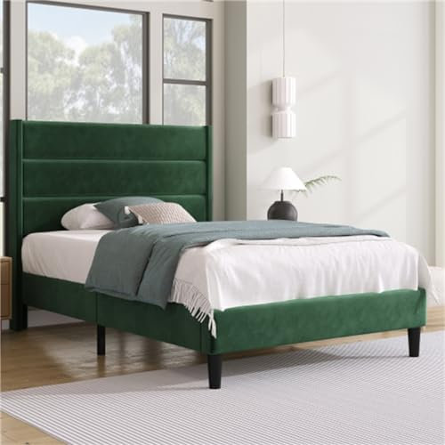 Gepolstertes Bett, Mit Bettbrett Aus Massivem Holz, Mit Verstellbarem Rechteckigem Kopfteil, Modisches Design, Für Schlafzimmer Für Erwachsene Und Jugendliche(Size:90x200cm,Color:Grün)
