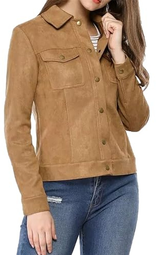 Fashion Hyped Chaqueta de camionero de gamuza sintética y piel de ante real para mujer, abrigo Scully Western, Marrón - Piel de ante auténtica, M