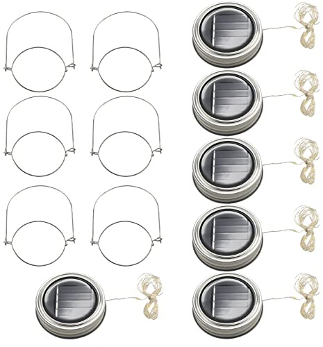 Gokoti Solar Jar Lid Lights, 6 Pack 20 Led String Fairy Star Firefly Jar Lids Lights,6 Hangers Included(Jars Not Included), Patio Garden Decor Solar Laterns Table Lights
