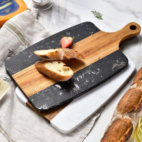 Planche à découper en bois, marbre et bois avec poignée, pour couper et découper la viande, les légumes, le fromage, le pain, protège les plans de travail (noir)