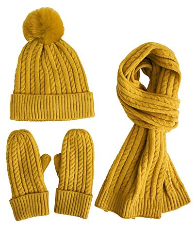 Surttan Mütze Handschuhe Set Damen Elegant Damenmütze Mit Bommel Winter Mütze Kaschmir Handschuhe Fleece Gefüttert Trageschal Flauschig Winddicht Pudelmütze Gloves Kuschelig Tuch 3 In 1 Warmes Set