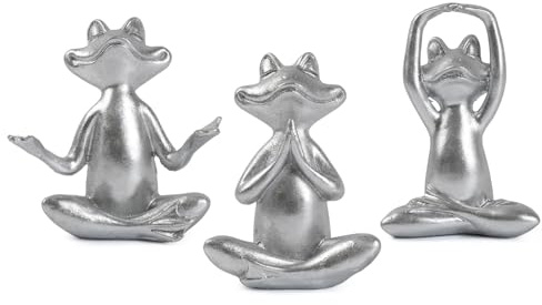 Suoedd Silver Frog Figurines Yoga Decor Set of 3 –Frog Yoga Statues for Modern Living Room Table Office Bookshelf Shelves Home Sculptures Decor, for Mom Dad Women