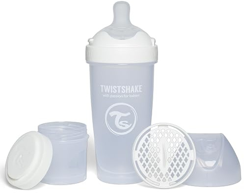 Twistshake Pro Double Anti-Kolik Babyflasche mit Milchpulverbehälter und Mixer - 330 ml | Brustähnliche Brustwarze aus Silikon mit schnellem Durchfluss | BPA-freie | Geeignet für Babys ab 4m+ | Weiß