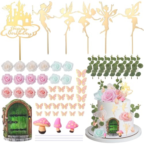 56 Pcs Fairy Cake Topper,Flower Mushroom House & Butterfly Cake Decorations for Girls' Party Birthday Cake Favors