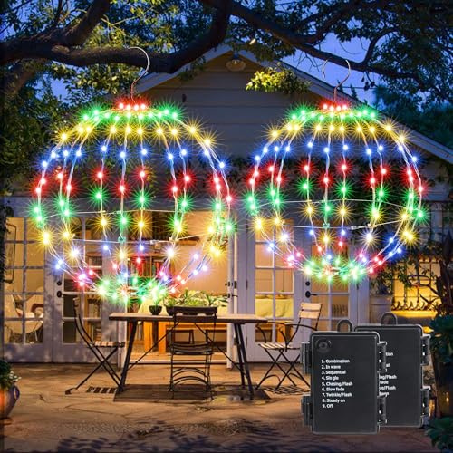 iBaycon Weihnachtsbeleuchtung Außen,Bunt Kugeln 2 Stück 33cm+28cm Batterie | 144 LED Timer Faltbare Hängekugeln mit Blinkenden Perlen Weihnachtsdeko Lichterkette Dekoration für Garten Party Innen