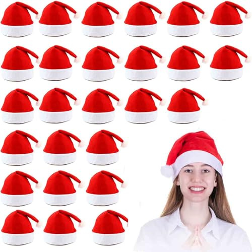 VFZILH 24 Stück Weihnachtsmann Hüte Erwachsene, Verdickte Weihnachtsmütze Plus Größe, Klassische Rote Nikolausmützen für Damen & Herren, Weihnachtsmützen Erwachsene für Party & Nikolaus Fest