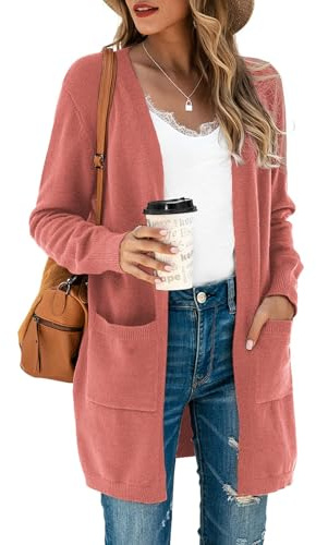 Saodimallsu Cárdigan largo y ligero para mujer, manga larga, frente abierto, jersey de punto, monocolor, tiempo libre, abrigo de punto, ropa exterior con bolsillo, rosa oscuro, XXL