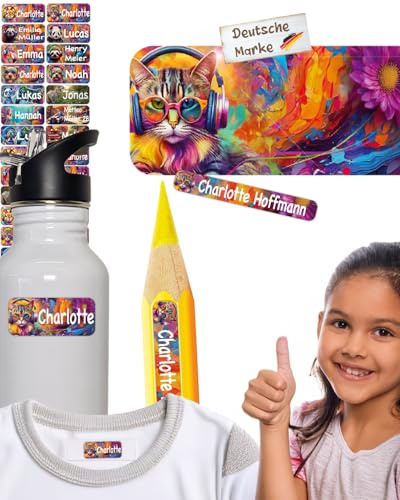 tjapalo® 120Stück Namensaufkleber Kinder Kleidung & Stifte Wasch/-Spülmaschinenfest Namensschilder für Kleidung Mädchen namensetiketten Kinder Katze Aufkleber mit Namen Schule & Kita (AF1)