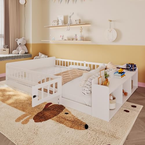 WIZBED Kinderbett Bodenbett 140x200 mit Rausfallschutz & Lattenrost, Weiß | Bettseite mit Staufach, Einzelbett Kleinkindbett Jugendbett, ohne Matratze