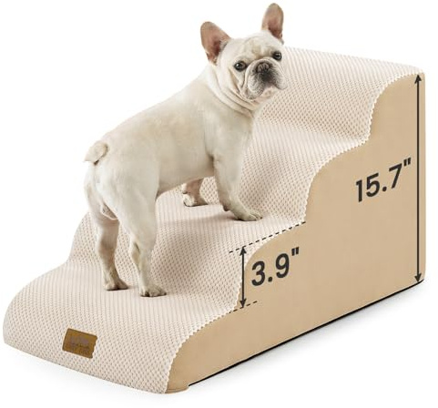 COZY KISS Dog Stairs for Small Dogs, Curved Pet Step with Leakproof Cover, High Density Foam Cat Ramp for Bed or Sofa, Lightweight, Durable, Comfort (Beige, Slope 4 Step(15.7x28.3x15.7 inch), 4)