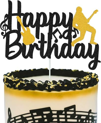 Happy Birthday Cake Topper, Personalised Cake Topper, Birthday Decorations, Double Sided Glitter Guitarist Silhouette Sign with Adhesive Dots - Pack of 1