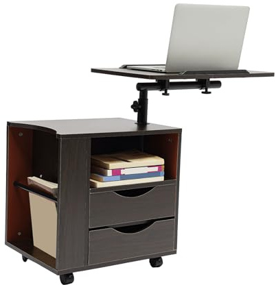 HUOMMGS Table de chevet à roulettes - Table d'appoint mobile - Pivotante à 360° - Hauteur réglable de 15 à 33 cm - Avec 2 tiroirs - Plateau pivotant - 50 x 40 x 46 cm - Noyer foncé