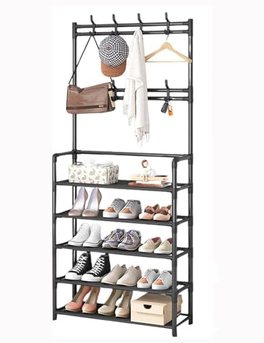 MAFAGE Garderobsställ, garderob med skohylla, 8 avtagbara krokar, 2-i-1-design, skohylla med 5 nivåer för entrén sovrum, hall, kontor, svart 170 x 25 x 60 cm