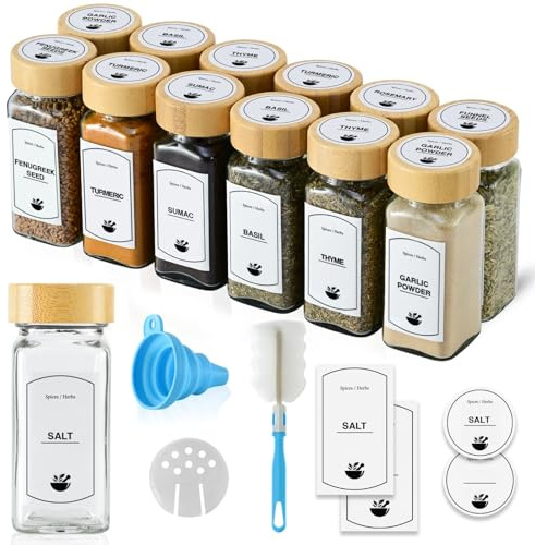 ToughHub Glass Spices Jars 12 pcs with Bamboo Lids - 4 Oz Airtight Spice Containers with Shaker Lids, 96 Pre-Printed English Labels, Silicone Funnel & Cleaning Brush-Spice Bottles for Home Kitchen