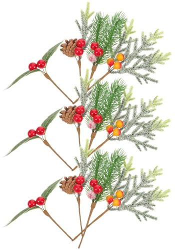 DEARMAMY 12 Pezzi Artificiali con Bacche Rosse e Pigne per Decorazioni Natalizie di Aghi di Pino con Foglie e Bacche Facili da Pulire per Albero di Natale e Artigianato Festivo