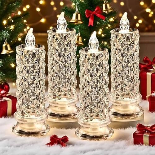 Set Mit 4 LED-Kristallkerzenlichtern, Adventskerzen 4er Set Led,Batterie Dekorative Kerze, Flammenlosen LED-Kerzen,Flammenlosen Rosenschatten-LED-Kerzen,Romantischen Flammenlosen Stumpenkerzen (Weiß)
