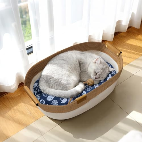 Mittimiya Cuerda de algodón tejida para gatos con cojín, 55 x 40 x 17 cm, resistente al lijado de garras, cesta lavable para gatos, cesta para gatos para dormir, adecuada para todas las estaciones