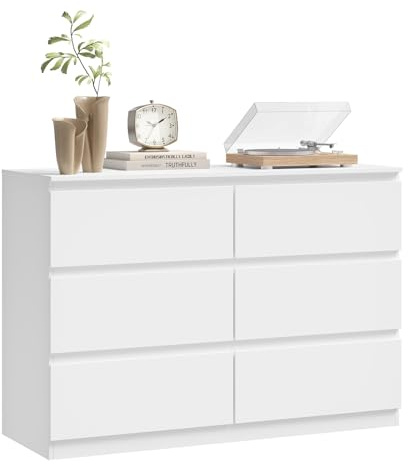 WOLTU Commode 6 Tiroirs, Meuble de Rangement Blanc, pour Salon, Chambre à Coucher ou Couloir, en Bois d'Ingénierie, Style Moderne, 100x36x69 cm