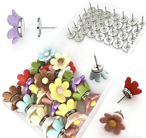 30pcs 3D Floral Magnetic Push Pins, Round Edge Safety Decorative Pins for Cork Board Felt Board Photo Wall, Rust-Resistant for Home Office School Use