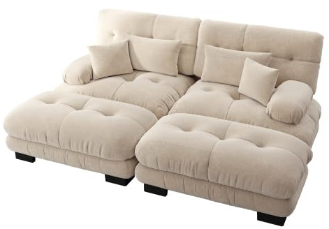 vutizal Modulares Cloud Ecksofa 2-Sitzer mit 2 Ottomans in Hellbraun, Chenille Schlafsofa mit Breiten Armlehnen, inkl. 2 Lenden- & 2 Dekokissen, Bequeme Wohnlandschaft