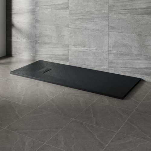 NRG 1800x700mm Black Shower Base Non-Slip SMC Rectangle Shower Tray with Fast Flow Waste for Bathroom Enclosures