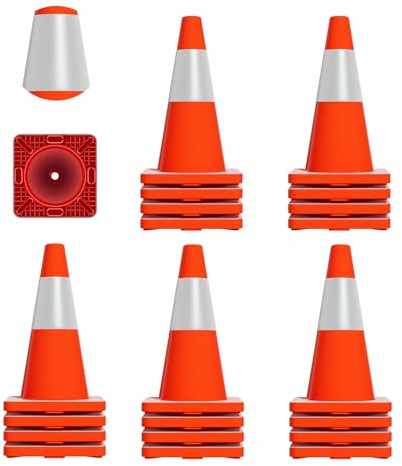 Reflective Parking Cones 20 Pack - 18 Inch Heavy Duty PVC Traffic Cones, Stackable Road Barriers for Parking Management, Construction Zones and Emergency Response