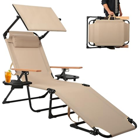OVLRIJP Sonnenliege Klappbar mit Kopfkissen, Gartenliege Wetterfest, Klappbare Strandliege Campingliege mit Holzarmlehnen, Liegestuhl für Balkon, Garten, Pool & Strand, bis 150kg (Beige–mit Dach)