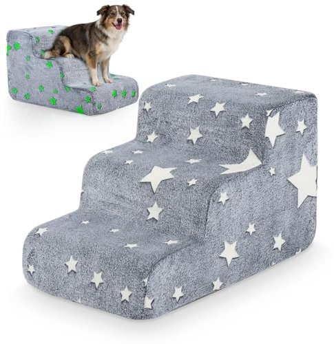 DREAMADE Hundetreppe 40 cm Hoch mit leuchtenden Mustern, Haustiertreppe aus hochdichtem Schaumstoff mit waschbarem Bezug, Katzentreppe mit Rutschfester Boden, für Couch, Sofa & Bett (3 stufig)