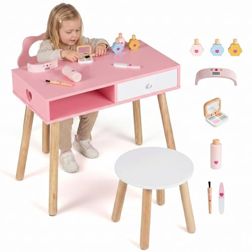 COSTWAY Schminktisch Kinder mit Stuhl & Hocker, Frisiertisch aus Holz, Manikürtisch mit Lidschatten, Make-up-Pinsel, Nageltrockner & 3 Nagellacken, Nageltisch für Kinder von 3 bis 7 Jahren, Rosa