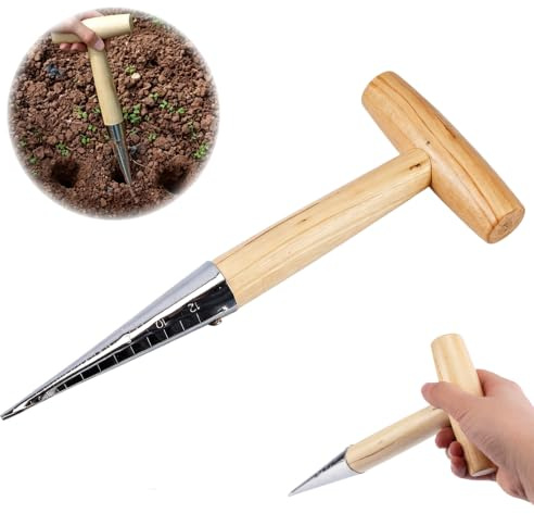csncis Varilla picador para plantar, ayuda para plantar con mango ergonómico en T, plantador de cebolla de alta calidad de acero inoxidable y madera, para plantar cebollas, semillas y flores con