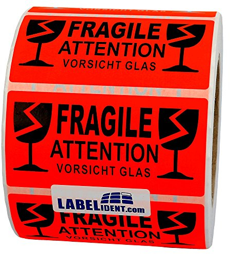 Warnetiketten 100 x 50 mm - Paket AufkleberFragile - Attention - Vorsicht Glas - 1.000 Vorsicht Glas Aufkleber auf 1 Rolle(n), 40 mm Kern, Papier selbstklebend