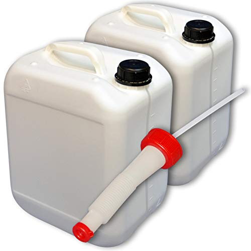 Lote de 2 bidones de polietileno/Jerrycan 10 L Blanco DIN45 + 1 Pico vertedor flexible calidad alimentaria (22116x2+22038)