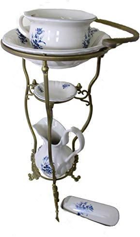 Antik 2000 Waschschüssel Ständer im Barock Stil mit Wasch-Set komplett mit blauen Blumenmuster auch für den Garten