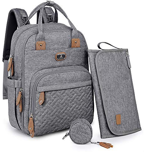 Dikaslon Wickeltasche Rucksack – Großer Wickelrucksack mit viel Stauraum, Wickeltasche groß mit Schnullerhalter, Wickelauflage & Kinderwagengurten – für Mama & Papa (Grau, Einheitsgröße)