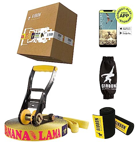 Gibbon Slacklines BananaLama Treewear Set | 3,5 cm Breite | 15 Meter Länge | Anfänger & Fortgeschrittene | Trampolin-Effekt | Schneller Aufbau | Umweltfreundlich | Flachband-Technologie