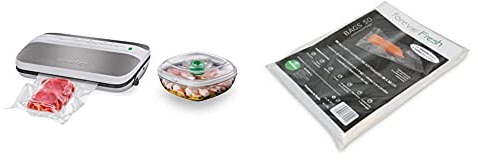 Macom Forever Fresh Vac 6090 Macchina Sottovuoto Automatica Per Alimenti Con Portatagliarotolo & Forever Fresh 702 Confezione Di 50 Sacchetti Goffrati Per La Conservazione Sottovuoto Alimenti