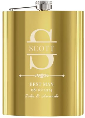 Flachmann Mit Gravur, 1 Stück Flachmann Personalisiert 227ml/8oz für die Trauzeugen Männer, Gravierter Flachmann Edelstahl für Hochzeit, Trauzeugin Geschenk und Junggesellenabschiedgeschenk (Gold)