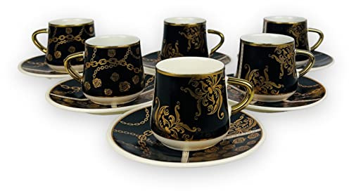 Medusa Luxus Gold - Tazas de espresso (12 cucharaditas para 6 personas y platillos de 75 ml, con plato dorado con caja de regalo), color dorado