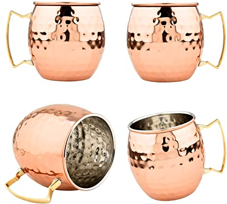 BOLD & DIVINE Copper Plated Moscow Mule Mugs Set of 4 | 18 Oz Hammered Copper Cups with Stainless Steel Lining Gold & Brass Handles | Perfect for Bars, Parties & Gifts