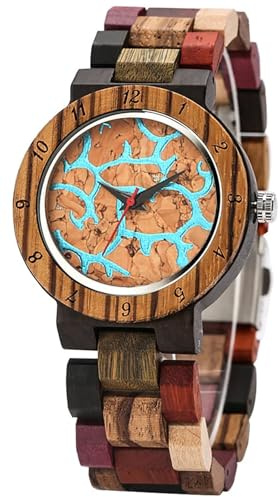 Tiong Damen Holzuhr Analog Quarz Armbanduhr mit Holzarmband, Elegante Holz Uhr für Frauen, Leichte Quarzuhr als Geschenk für Frauen