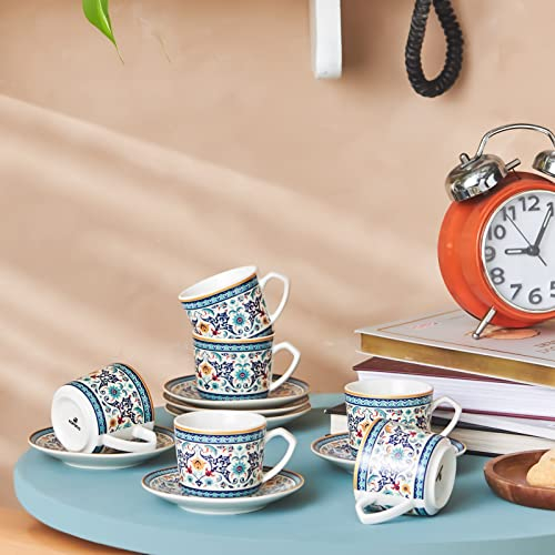 KARACA Beylerbeyi 12-Piece Turkish Coffee Cup Set for 6 People, 80 ml Small Espresso Cups with Saucers, Porcelain Turkish Coffee Set, Blue Traditional Design