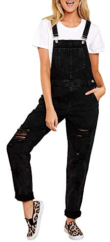 Hängselbyxor för kvinnor jeans svarta jeans hängselbyxor långa stretch jeansoveraller för kvinnor festlig jumpsuit slitna snickarbyxor lös passform hängslen denim overall onepiece playsuit, svart, L