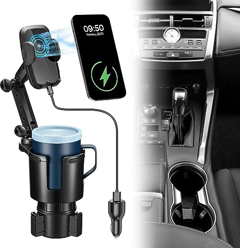 This Hill 3-in-1 Car Wireless Charger Cup Holder, Upgrade 15W Charging, Car Cup Holder Phone Mount with Adjustable Base & 360° Rotation Compatible for All Smartphones(with Car Adapter)